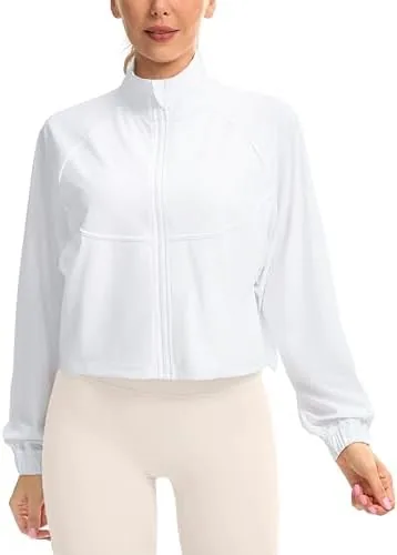 soothfeel womens athletic workout jacket lightweight upf 50 long sleeve sun protection shirts zip up cropped hiking tops white m