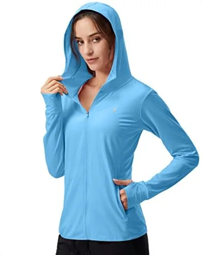 soothfeel womens upf 50 sun protection hoodie jacket lightweight long sleeve sun shirt for women with pocket hiking outdoor blue m